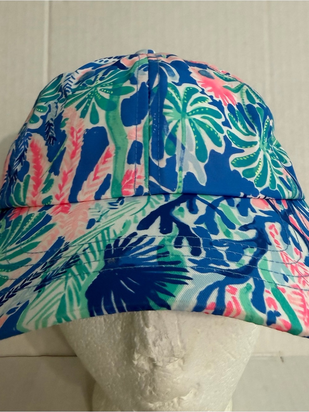 Lilly Pulitzer Blue Tropical Print Sun Hat with Pink & Green Accents